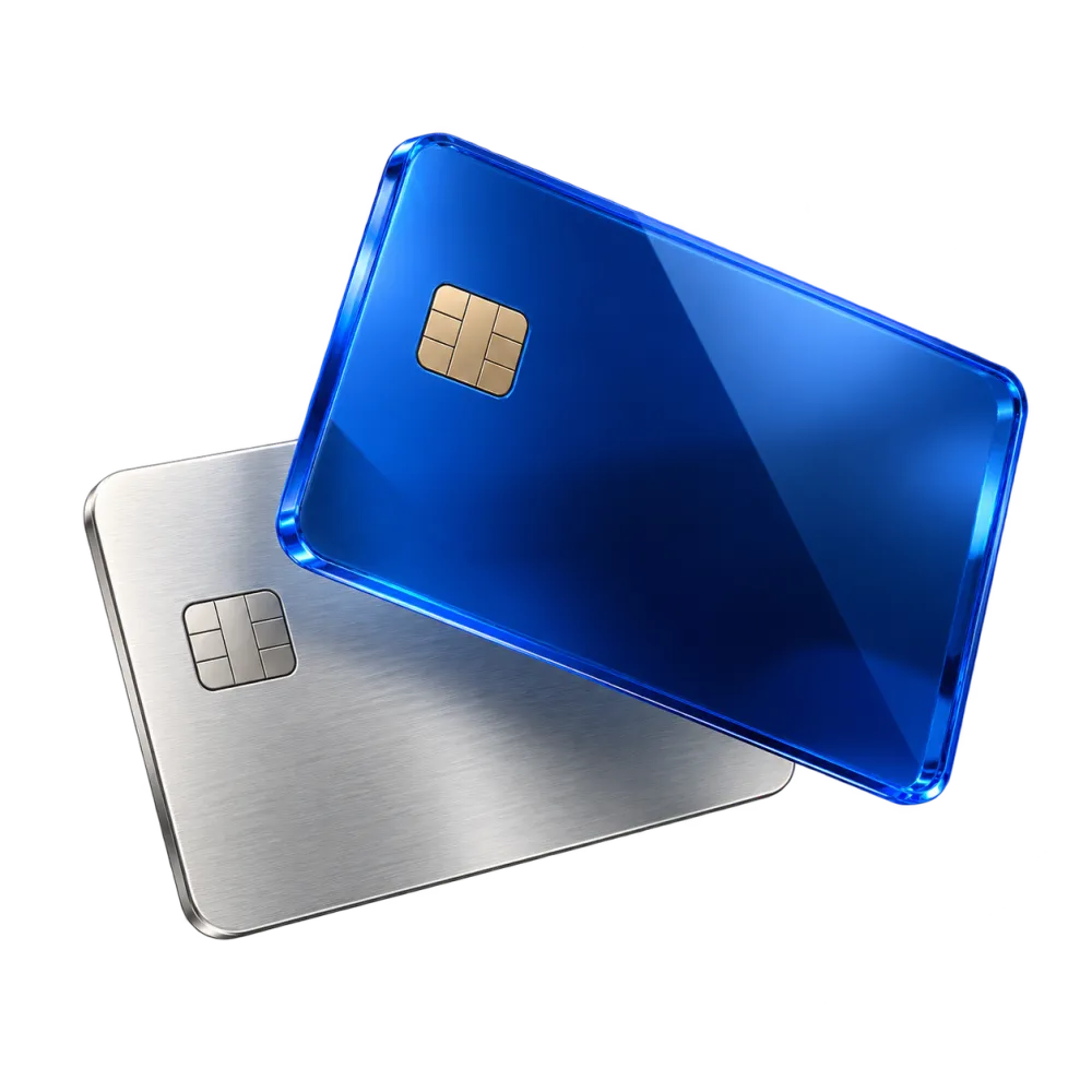 Visual conceptual de tarjetas financieras de metal y cristal azul